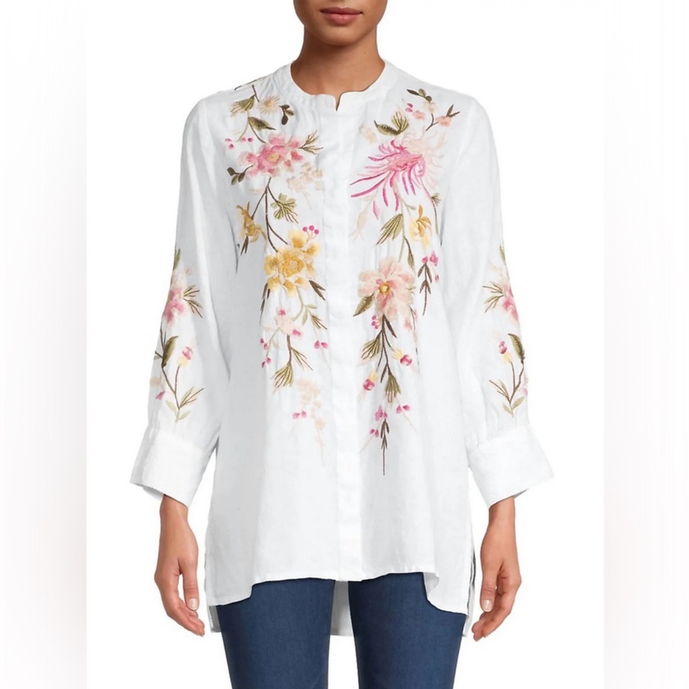 Johnny Was Mei Voyager Linen Floral Tunic - White